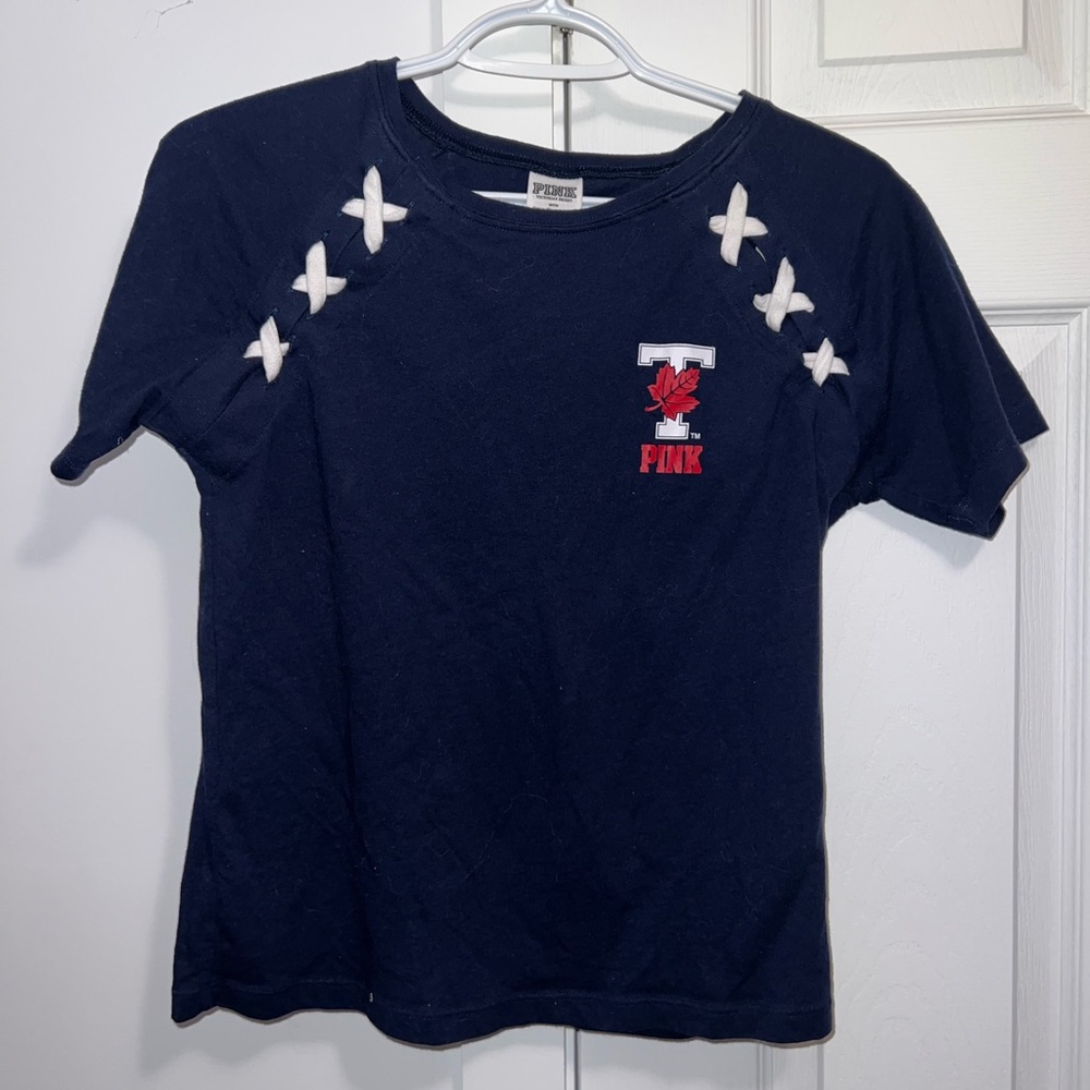 Navy blue short sleeve shirt, pink Victoria’s Secret, UofT